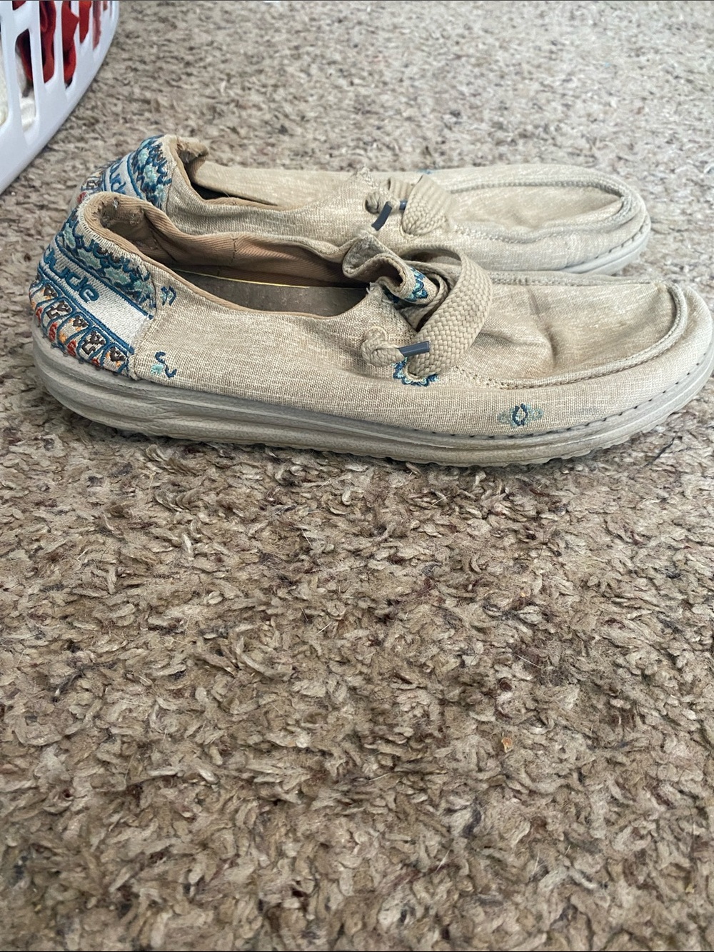 Hey Dude Cream Canvas Slip-On Loafers with Blue Embroidery